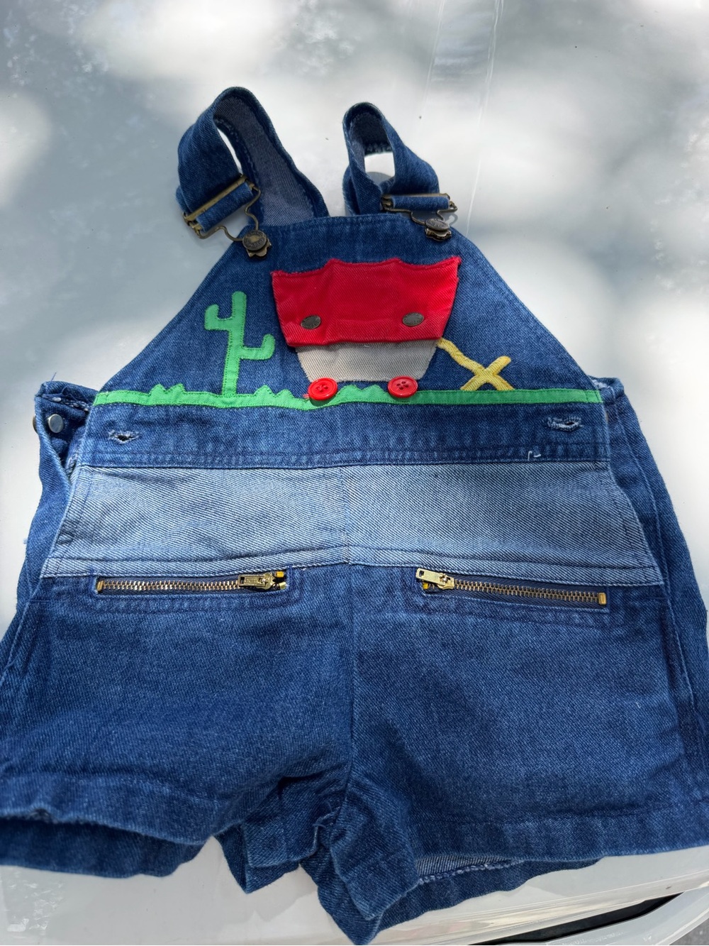 Hush Puppies kids baby Blue Denim Short Overalls with Red Car Patch VINTAGE